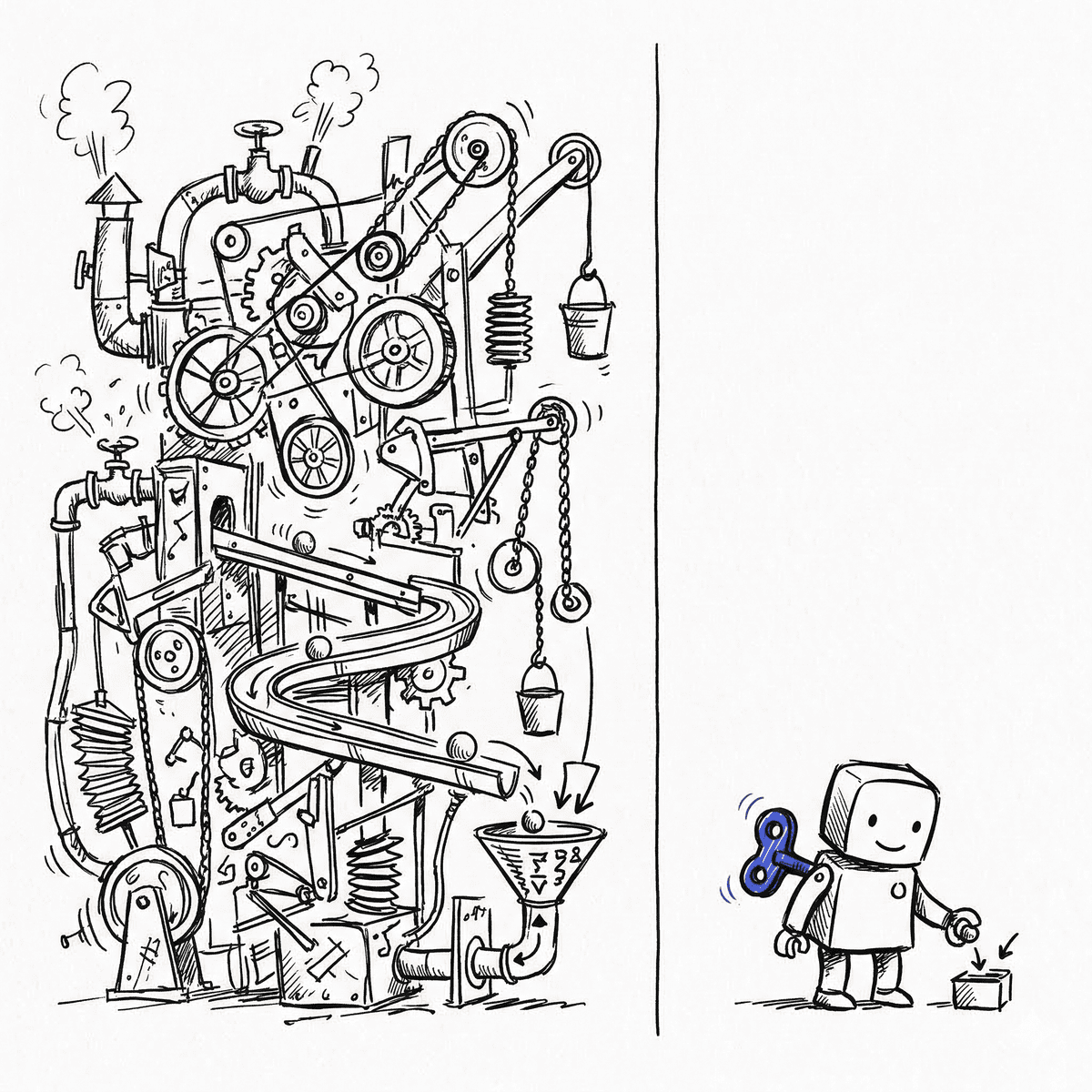 Rube Goldberg machine vs simple wind-up robot — bloat vs simplicity